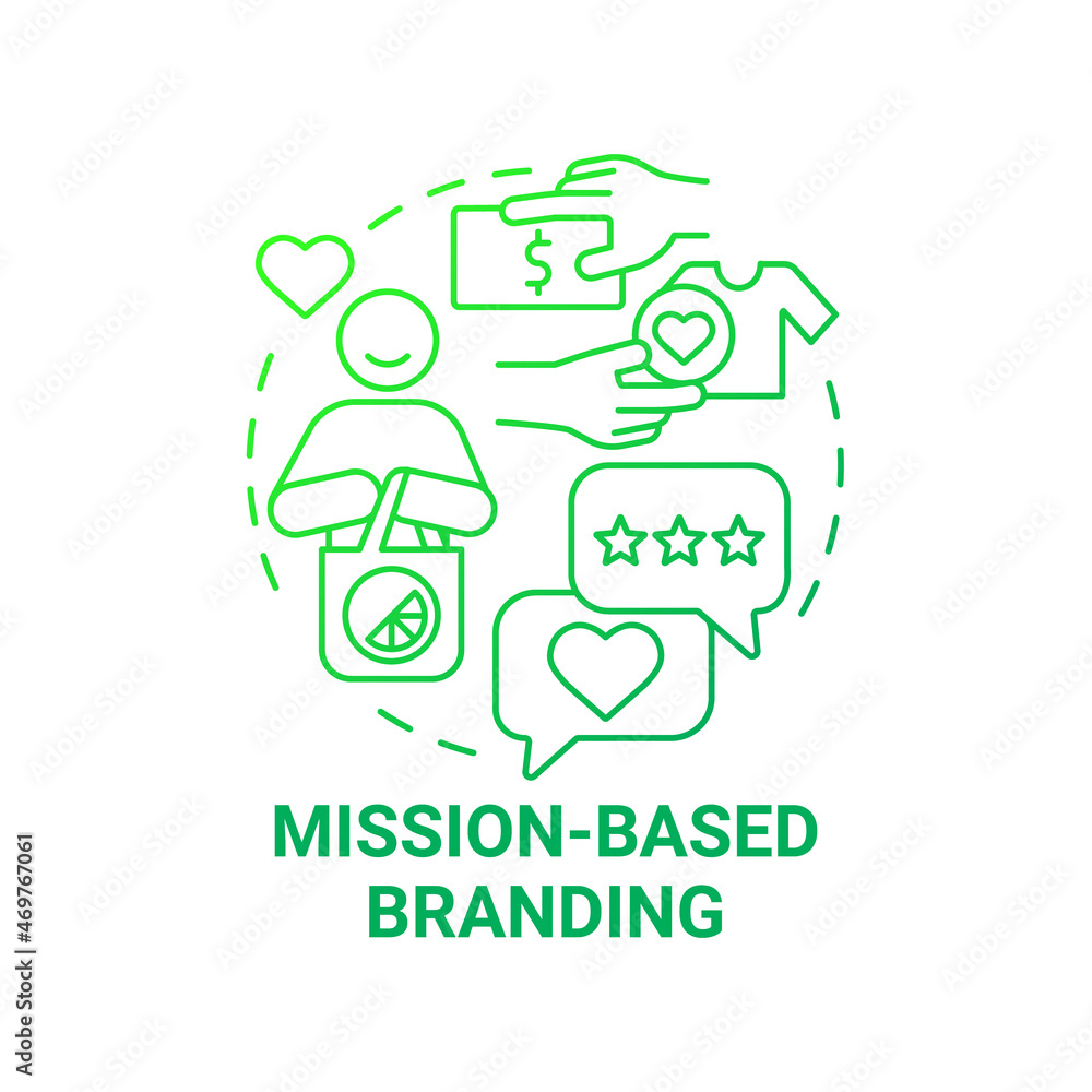 Mission based branding green gradient concept icon. Social entrepreneurship abstract idea thin line illustration. Business values and principles. Vector isolated outline color drawing Mission based branding green gradient concept icon. Social entrepreneurship abstract idea thin line illustration. Business values and principles. Vector isolated outline color drawing