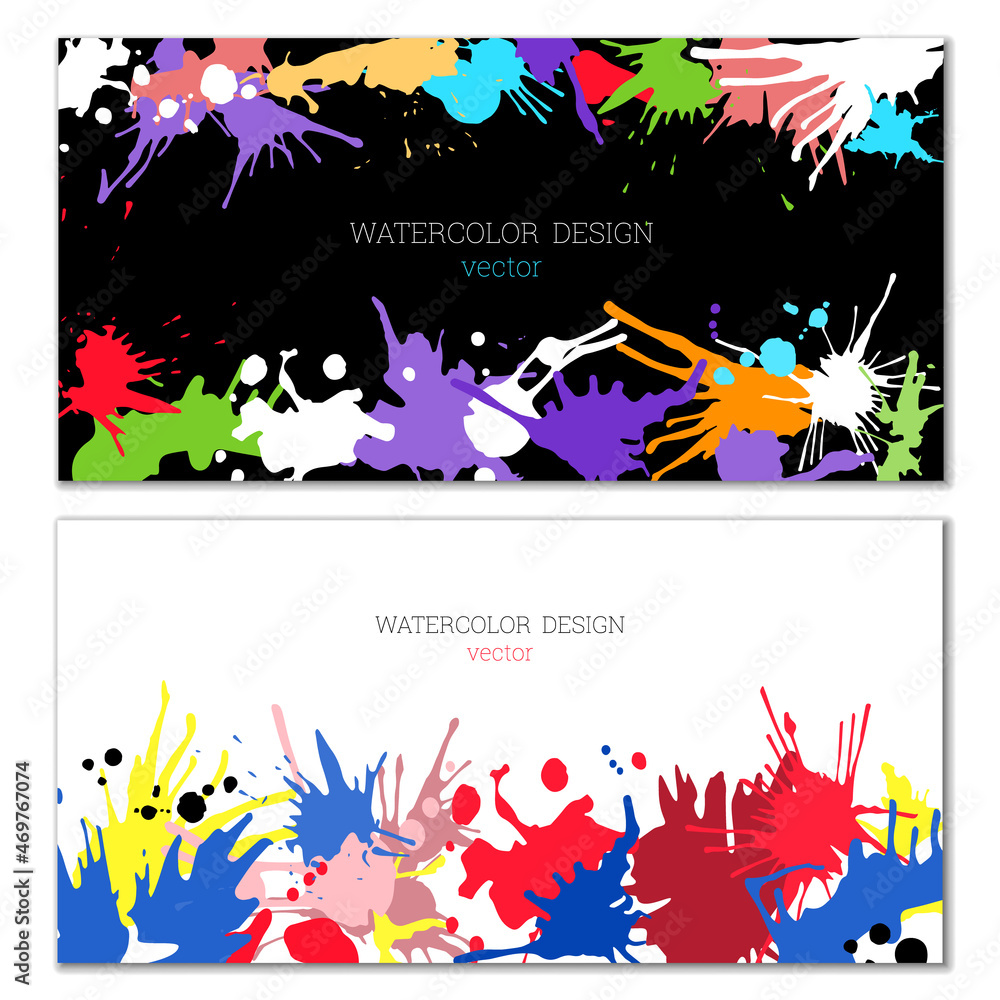 Splashes of paint. Blots. A set of two creative bright watercolor backgrounds. Banner, cover design. Artistic design in abstract style. Splashes of paint. Blots. A set of two creative bright watercolor backgrounds. Banner, cover design. Artistic design in abstract style.