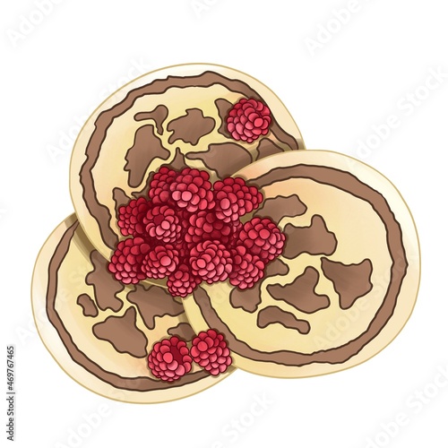 three pancakes with a slide of raspberries isolated