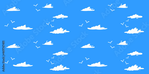 Vector seamless pattern of white clouds and seagulls. Cartoon flat style clouds isolated on blue sky. Cloudscape in blue sky  white cloud illustration.