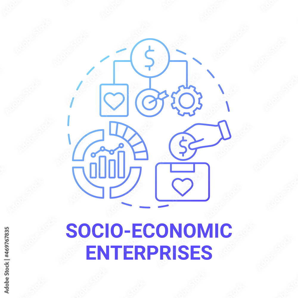 Socio economic enterprises blue gradient concept icon. Social entrepreneur focus abstract idea thin line illustration. Commercial organization. Charity. Vector isolated outline color drawing Socio economic enterprises blue gradient concept icon. Social entrepreneur focus abstract idea thin line illustration. Commercial organization. Charity. Vector isolated outline color drawing