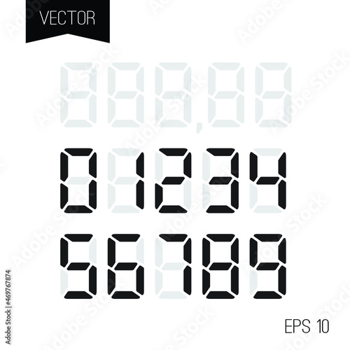 Digital price tag or numbers vector template for shop or supermarket. Store price label for retail display or sale. Vector set of electronic numbesr for LCD calculator digits.