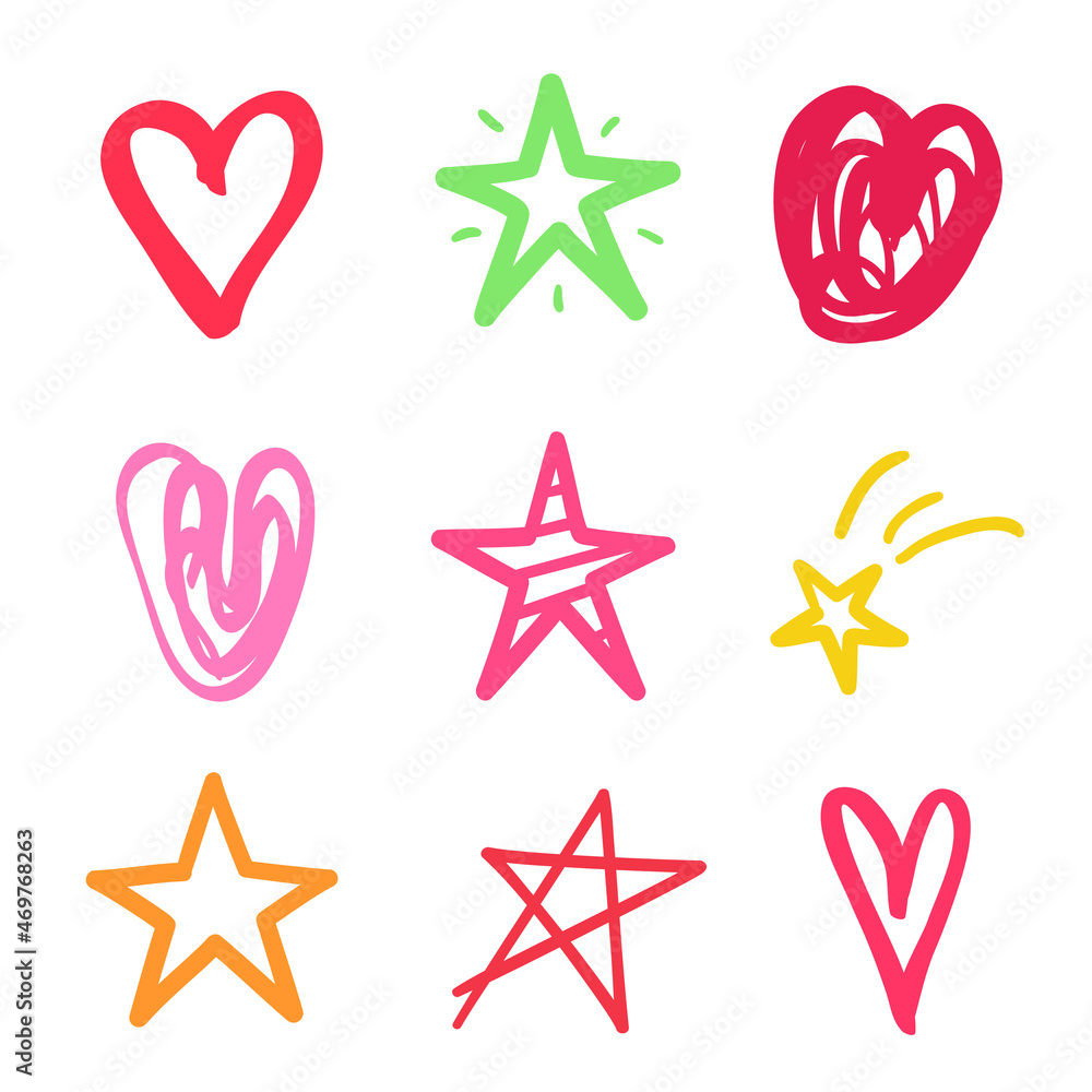 Different outlined stars and hearts on white. Freehand art. Doodles for design Different outlined stars and hearts on white. Freehand art. Doodles for design