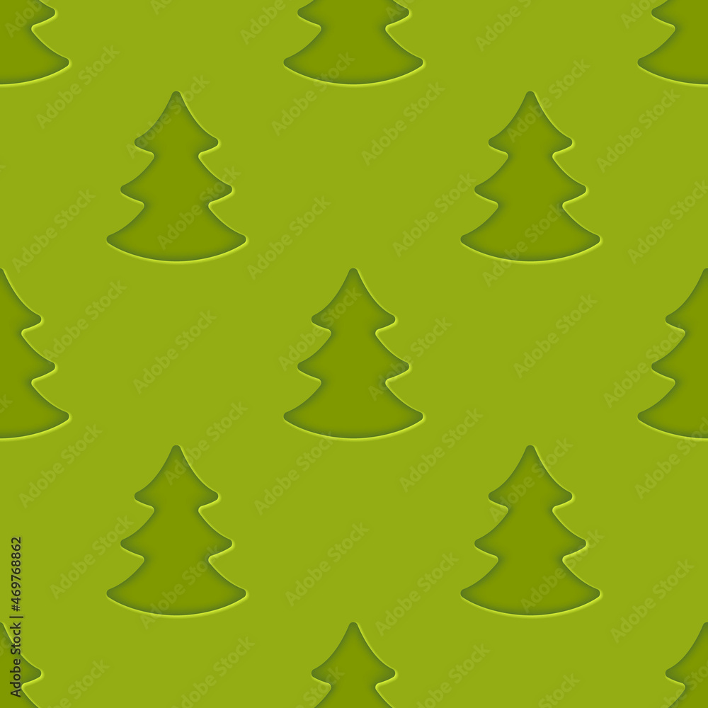 Christmas Light Green Seamless Pattern with Fir Trees. Paper Cut Effect. Vector Illustration.
