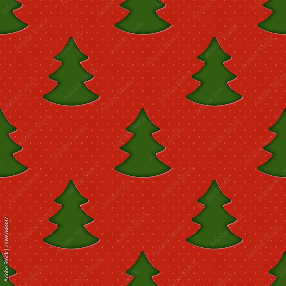Christmas Seamless Pattern with Green Fir Trees on Red Background. Paper Cut Effect. Vector Illustration.