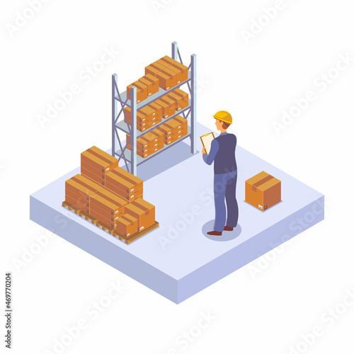 Warehouse worker makes inventory and accounting of boxes with goods