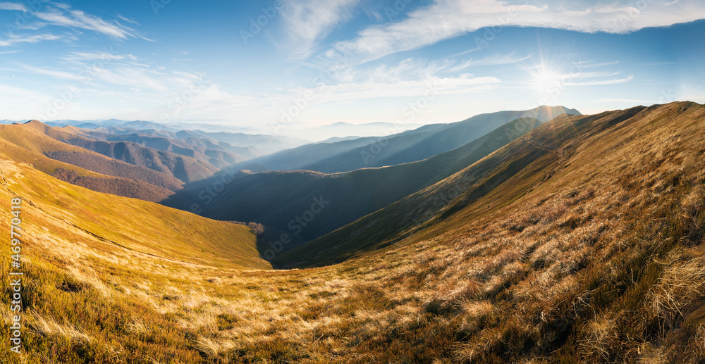 Majestic panorama of the mountains on a sunny autumn day. Location Karpaty, Ukraine, Europe. The world of beauty.