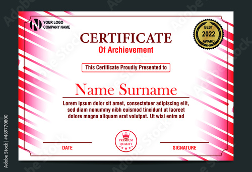 red certificate template with lines. Certificate of achievement with badge.