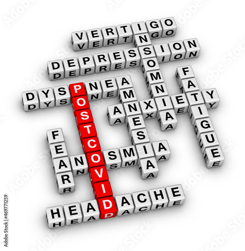 Post COVID syndrome. Mental Health problem. 3D rendering crossword puzzle.