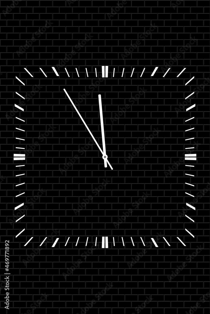 Obraz premium Black and White Clock Isolated on Brick Wall Background. Bright Symbol of Deadline. Raster. 3D Illustration