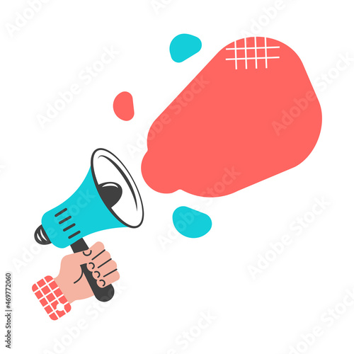 Megaphone. Human hand holding loudspeaker. Template for announcement, advertising, business. Concept of important message. Vector illustration.