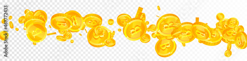 Bitcoin, internet currency coins falling. Brilliant scattered BTC coins. Cryptocurrency, digital money. Likable jackpot, wealth or success concept. Vector illustration.