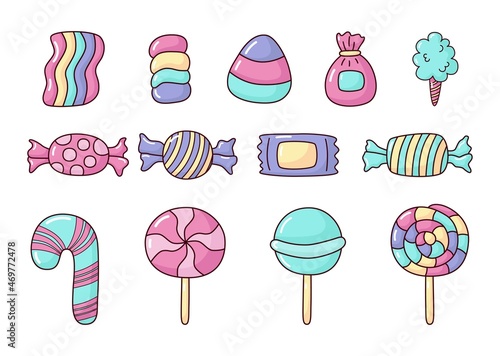 kawaii Cute Pastel Set of candy sweets desserts with different types isolated on white Background for cafe or restaurant. illustration Vector.
