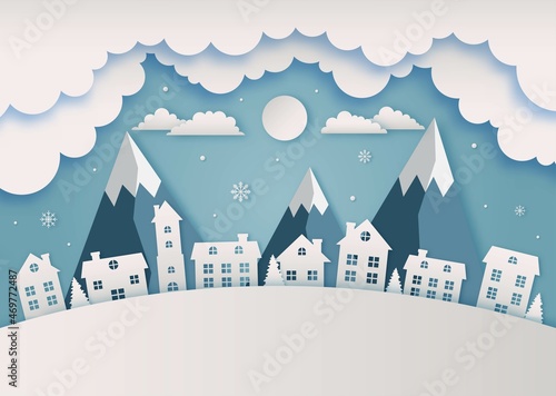 Merry christmas and happy new year paper cut card on blue background. vector illustration.