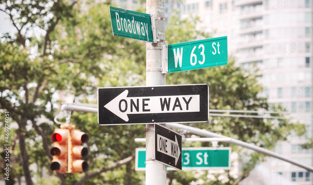 Traffic signs at Broadway road, color toning applied, New York City, USA. Traffic signs at Broadway road, color toning applied, New York City, USA.