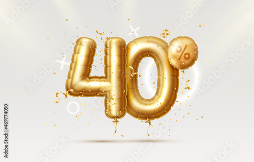 40 Off. Discount creative composition. 3d Golden sale symbol with decorative objects, heart shaped balloons, golden confetti, podium and gift box. Sale banner and poster. Vector