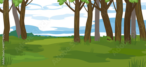 Abstract summer cartoon panoramic landscape with blue sky and thick trunks of old trees in grove