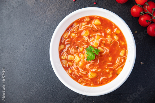 Obraz na plátně tomato soup pasta red first course dish meal snack copy space food background ru
