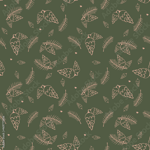 Vector dark green background with beige silhouettes of fir branches and cones. New Year's festive theme. Design for wrapping paper, websites, prints, wallpapers, decor, tiles, textiles
