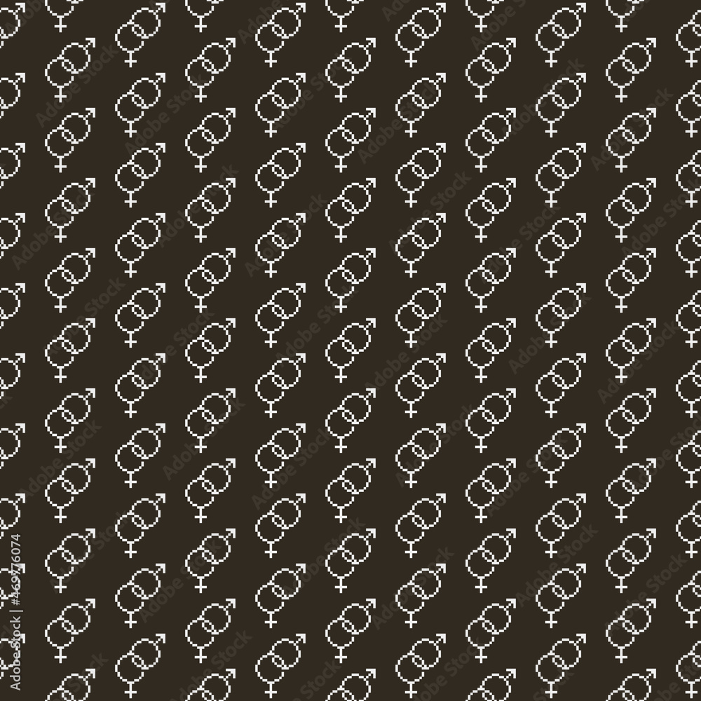 simple vector pixel art black and white seamless pattern of minimalistic abstract intertwined symbol of Venus and symbol of Mars, masculine and feminine on black background simple vector pixel art black and white seamless pattern of minimalistic abstract intertwined symbol of Venus and symbol of Mars, masculine and feminine on black background