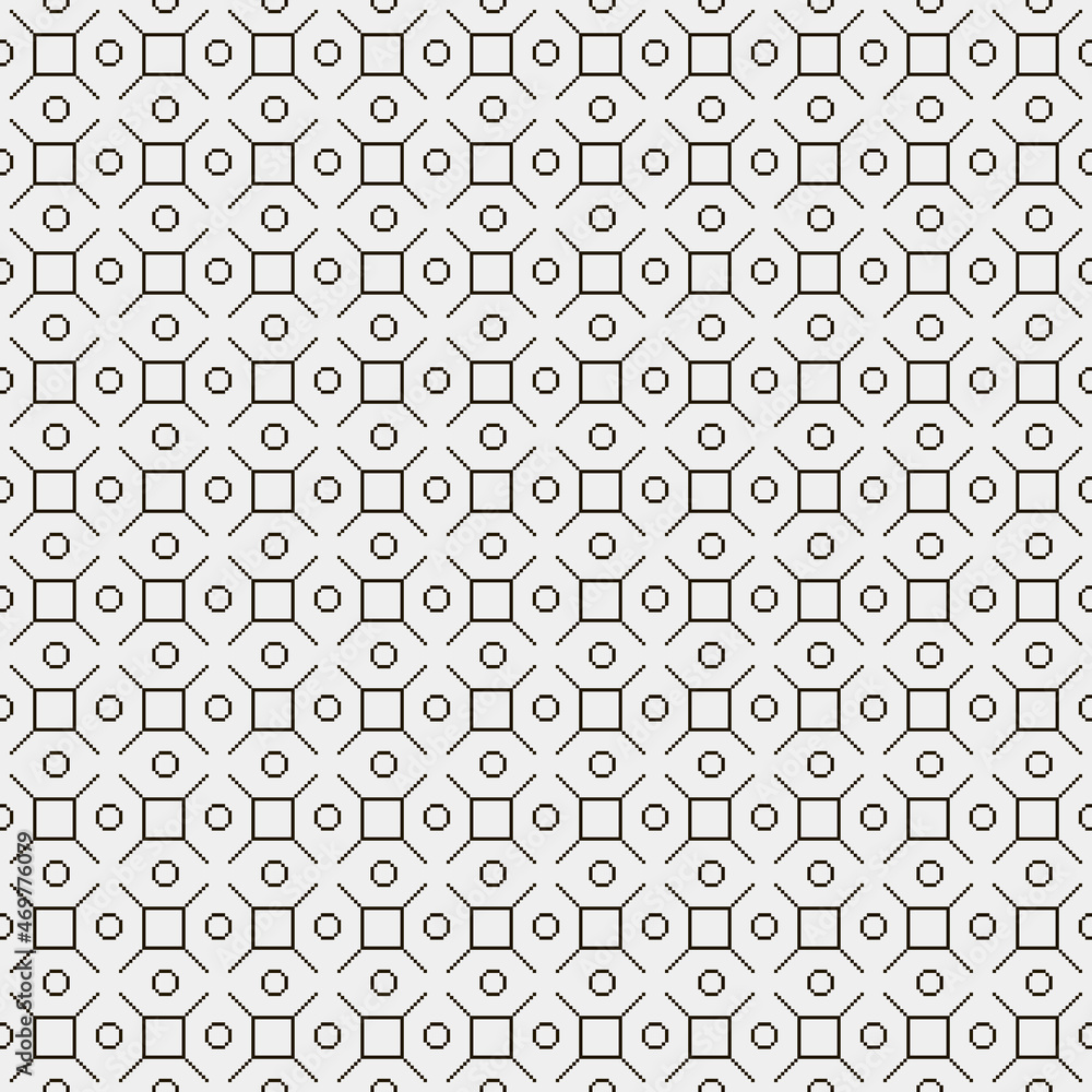 simple vector pixel art black and white seamless pattern of minimalistic abstract square, rhombus, circle ornate tile on white background