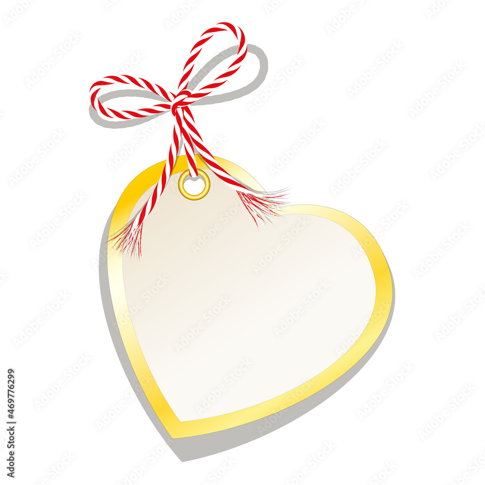 Blanko Herz Karte mit goldenem Rand, gebunden mit rot-weiße Kordschleife, 
Etikett oder Geschenkanhänger, 
Vektor Illustration isoliert auf weißem Hintergrund
