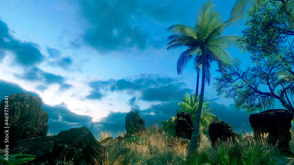 Photorealistic 3D illustration of a beautiful natural landscape. Huge stone boulders in the grass. Palm trees against the sunset sky with clouds.