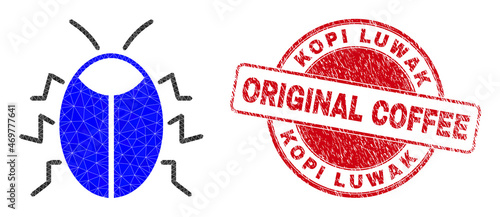 Lowpoly triangulated bug 2d illustration with KOPI LUWAK ORIGINAL COFFEE dirty stamp. Red stamp has Kopi Luwak Original Coffee caption inside round shape. Bug icon is filled with triangles.