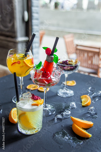 stylish bright cocktails on the table in the restaurant