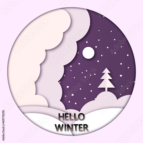 Hello Winter. Сard with illustration of a snowy night, nature. 
