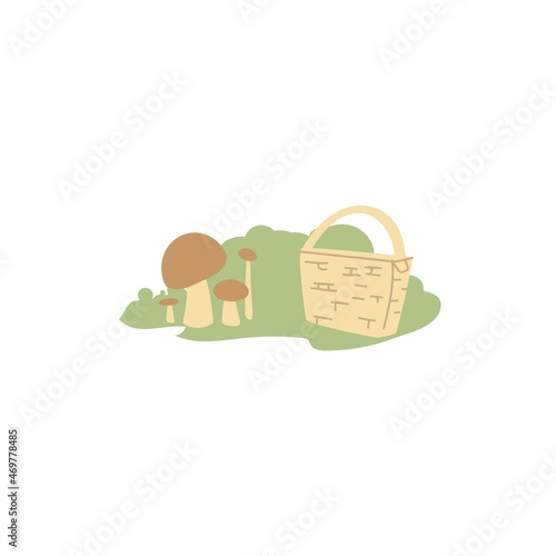 Vector cartoon flat wicker basket and few mushrooms on green grass isolated on empty background-outdoor recreation,wood camping and mushroom picking concept,web site banner ad design