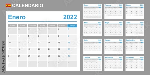 Spanish calendar for 2022. Week starts on Monday. Simple vector template. Business design planner.