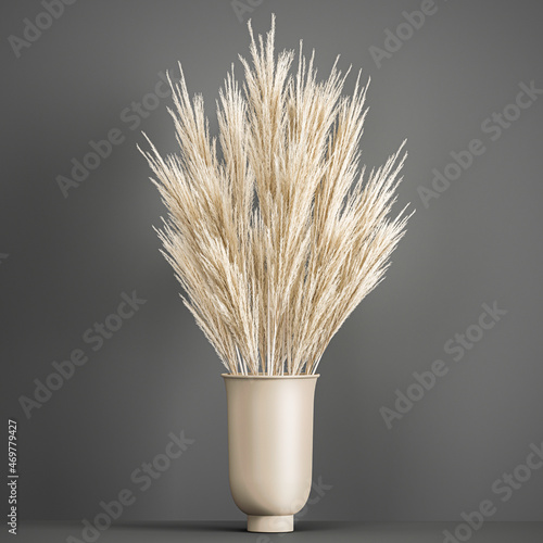 decorative bouquet of dried flowers in a vase with white pampas on a white background