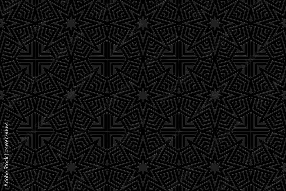 Embossed black background design, texture with geometric volumetric convex ethnic 3D pattern, art deco. Vector graphic template for business background, magazine layout, brochure, booklet. Embossed black background design, texture with geometric volumetric convex ethnic 3D pattern, art deco. Vector graphic template for business background, magazine layout, brochure, booklet.