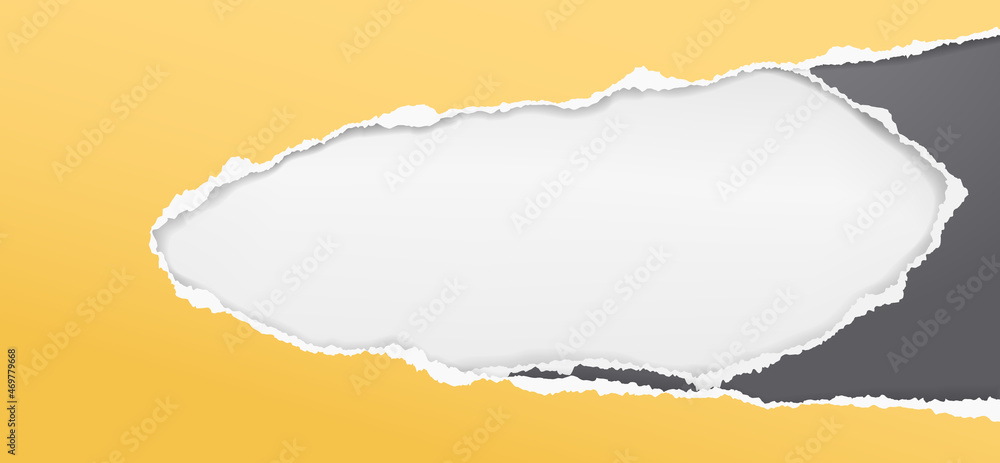 Oblong hole composition in black, yellow paper with torn edges and soft shadow are on white background. Vector illustration