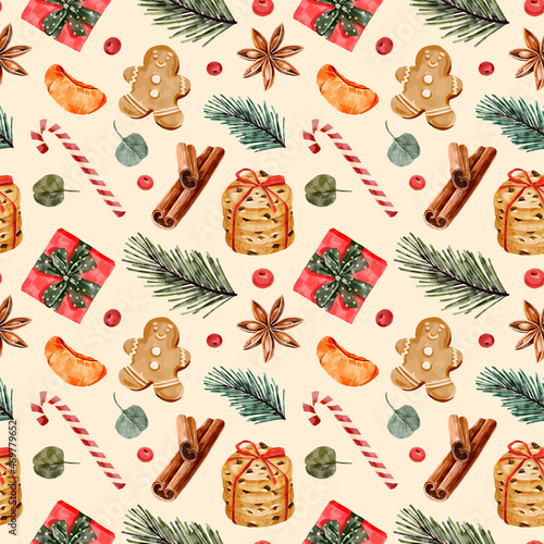 Watercolor Christmas seamless pattern with festive elements