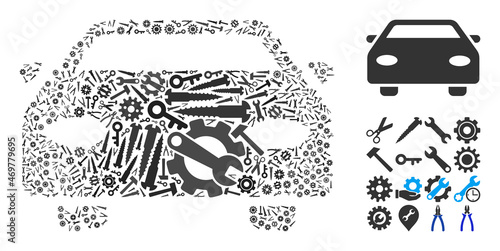 Repair service car mosaic of service tools. Vector car is made of cogwheels  spanners  and other tools  and based on car icon. Abstraction of maintenance work.
