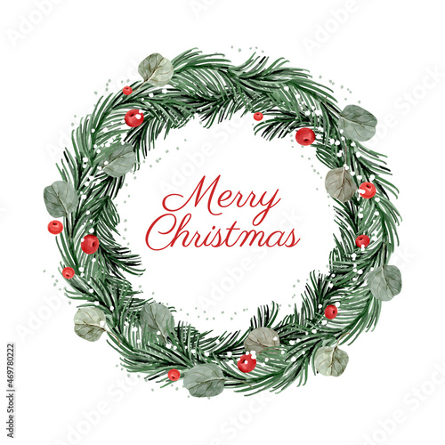 Watercolor wreath with christmas tree branches and holly berries