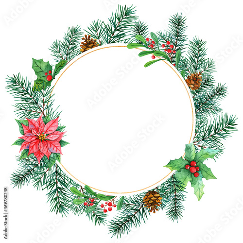 Watercolor circle floral frame with winter plants and gold frame. Hand painted poinsettia and fir branches, berries and leaves, pine cones on a white background. Festive Christmas card for design