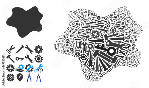 Repair workshop dirt spot collage of tools. Vector dirt spot is made of gear wheels, spanners, and other tools, and based on dirt spot icon. Abstraction of technician job.