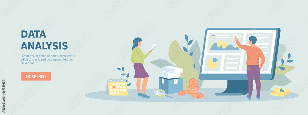 Data analysis, accounting, analytics, report, research, planning. Man and woman work with information charts. Promotional web banner. Cartoon flat vector illustration with people characters. Data analysis, accounting, analytics, report, research, planning. Man and woman work with information charts. Promotional web banner. Cartoon flat vector illustration with people characters.