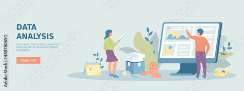 Data analysis, accounting, analytics, report, research, planning. Man and woman work with information charts. Promotional web banner. Cartoon flat vector illustration with people characters.