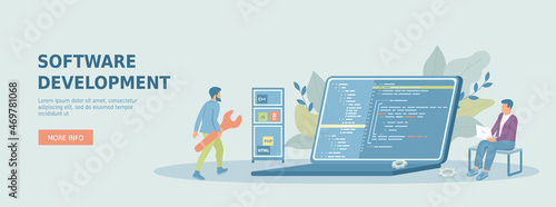 Software development. Programmers create computer software,  write code, test programs. Promotional web banner. Cartoon flat vector illustration with people characters.