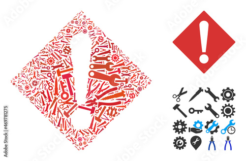 Service warning collage of tools. Vector warning is constructed with cogwheels, spanners, and other tools, and based on warning icon. Abstraction of mechanic service.