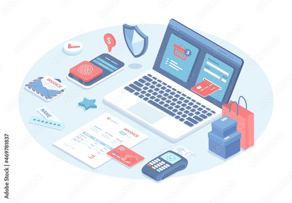 Online banking transaction. Payment for digital bill, invoice, tax using internet application. Vector illustration in 3d design. Isometric web banner.