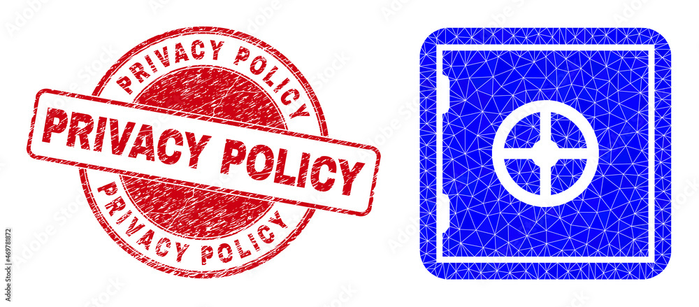 Lowpoly triangulated banking safe icon illustration with PRIVACY POLICY textured watermark. Red stamp has Privacy Policy tag inside circle form. Banking safe icon is filled with triangles. Lowpoly triangulated banking safe icon illustration with PRIVACY POLICY textured watermark. Red stamp has Privacy Policy tag inside circle form. Banking safe icon is filled with triangles.
