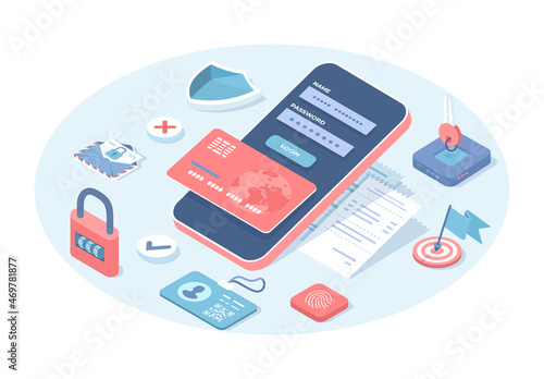 Mobile payment. Banking service, online shopping, contactless transactions, wireless transfer. Digital finance. Vector illustration in 3d design. Isometric web banner.