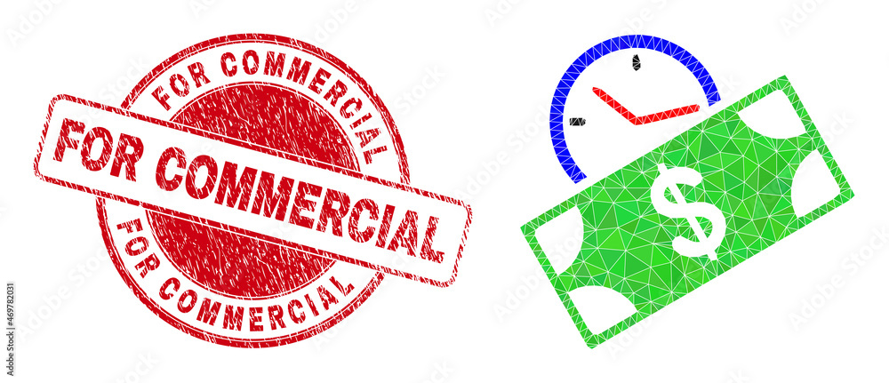 Low-Poly triangulated banknote credit time icon illustration with FOR COMMERCIAL corroded stamp seal. Red stamp seal has For Commercial title inside round shape. Low-Poly triangulated banknote credit time icon illustration with FOR COMMERCIAL corroded stamp seal. Red stamp seal has For Commercial title inside round shape.