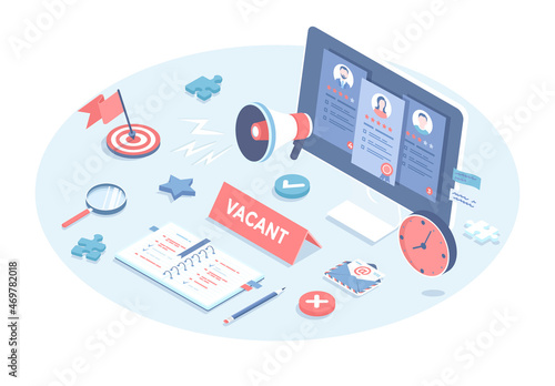 Recruitment head hunting, hiring personnel. Searching candidate for job vacancy by HR specialist. Vector illustration in 3d design. Isometric web banner.