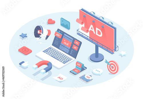 Advertising marketing campaign. Product promotion using outdoor, internet  ads, direct marketing. Photo video ad in social networks, spam, billboard. Vector illustration in 3d design. Isometric banner